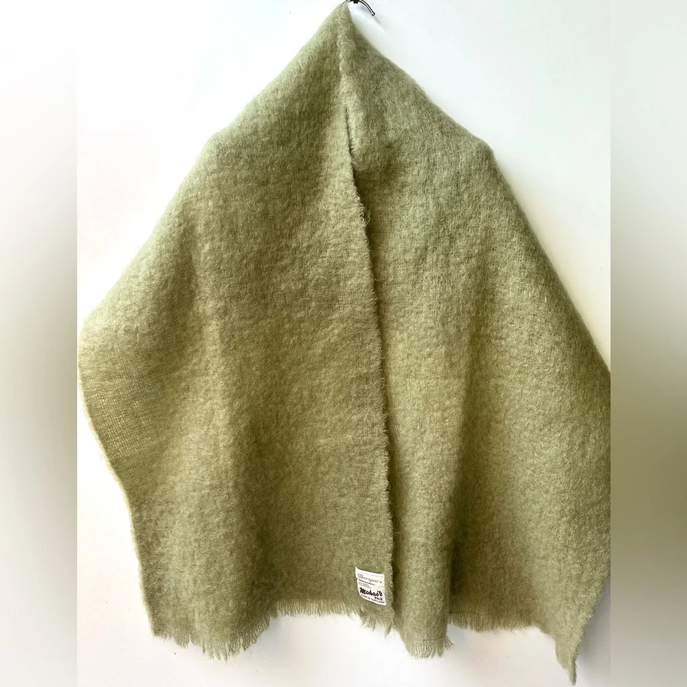 70% Mohair Scottish Cozy Green Wool Shawl 72”x17.5”